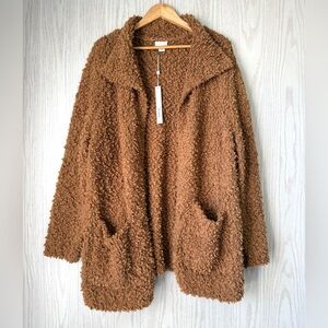 Caslon Brown Saddle Bouclé Teddy Open Front Jacket Cardigan Coat | Size 3X NWT